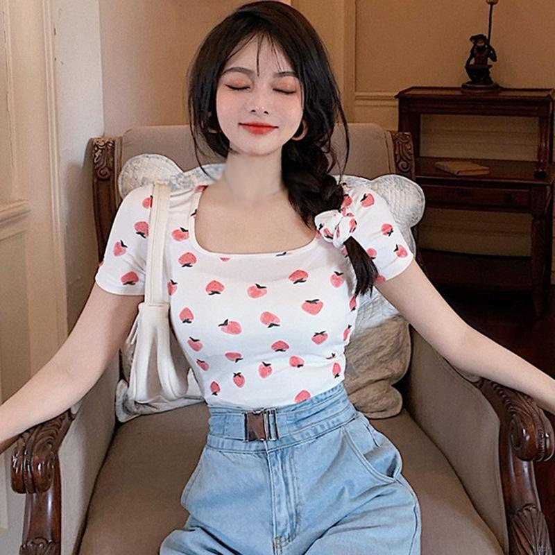 Áo thun tay ngắn cổ vuông dáng ôm in họa tiết trái cây thời trang quyến rũ dành cho phái nữ