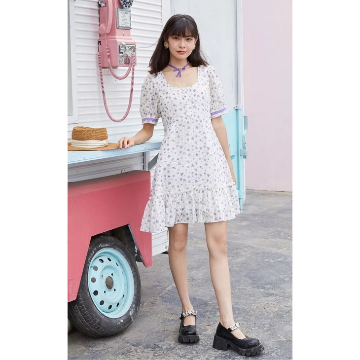 Vero Moda Đầm Nữ Cạp Trễ Tay Phồng Hoa nút giả Ngọc Trai 32127B069