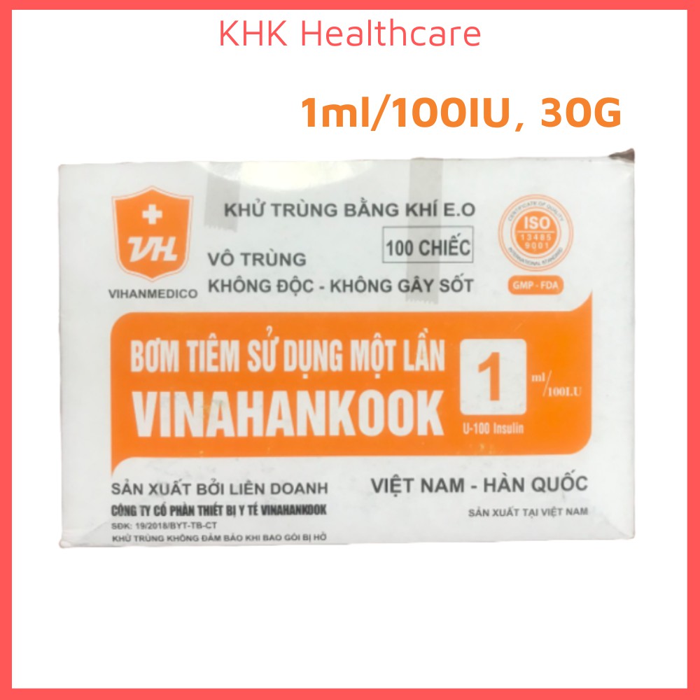 Hộp 100 bơm tiêm tiểu đường Vinahankook (1ml/100IU, 30G)