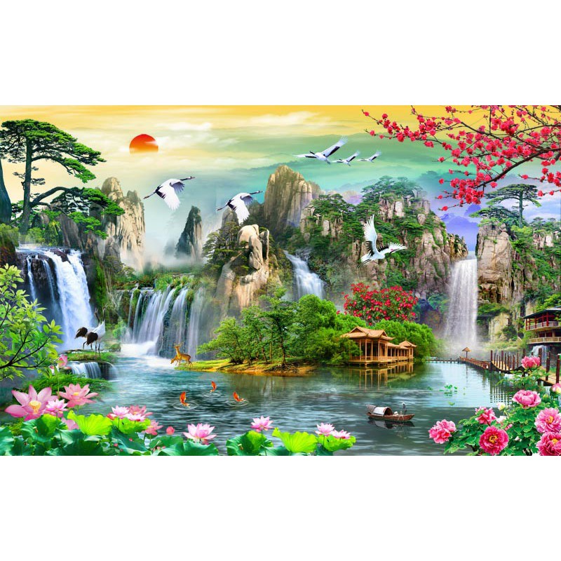 Tranh dán tường 3d sơn thủy hữu tình trang trí nhà cửa phòng khách giá rẻ đẹp chất liệu decal pp keo sẵn bóc dán atk4