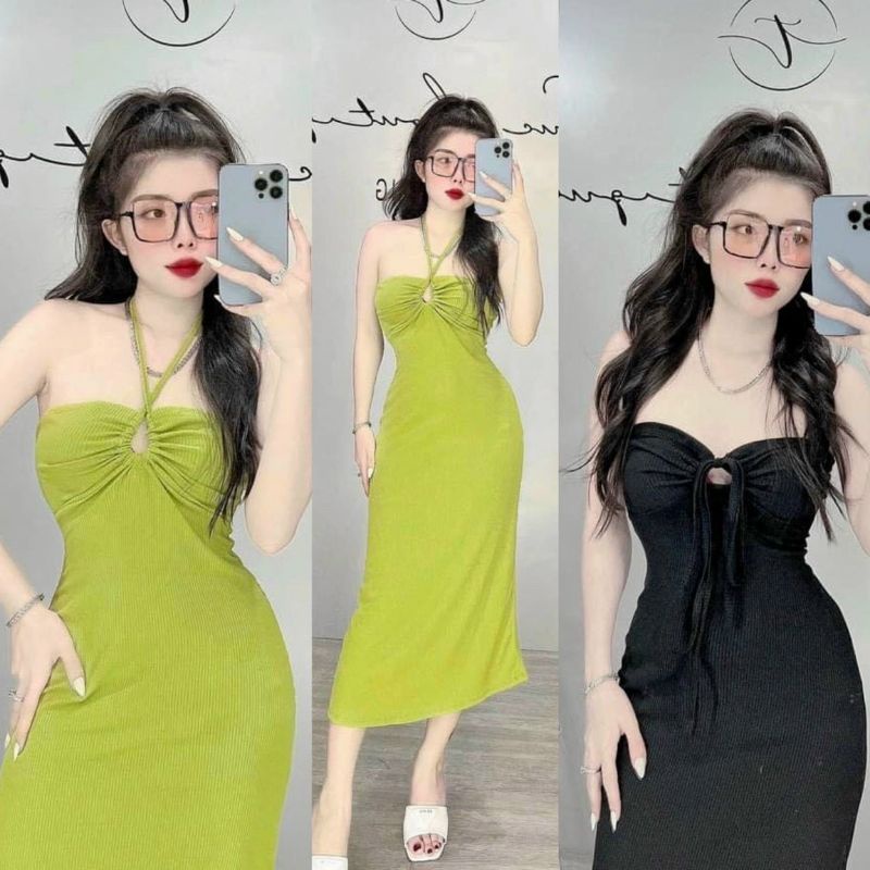 Đầm Thun Mặc Được Hai Kiểu Cổ Yếm Cột Dây/ Đầm Ống Cột Nơ Ngực - Dáng Dài Maxi Form Ôm Body Sexy