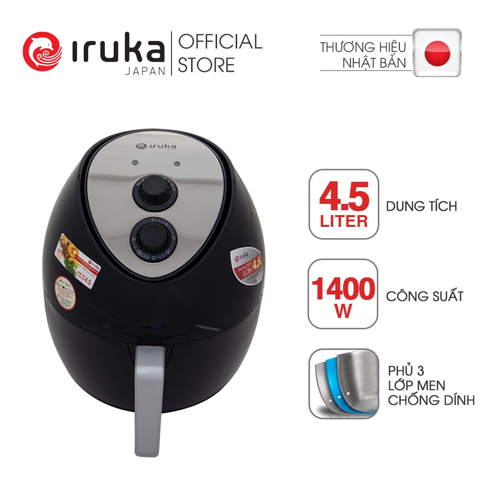 Nồi chiên không dầu Iruka I68 Đen 4.5L cho gia đình 4-6 người, công suất 1800W, bảo hành chính hãng