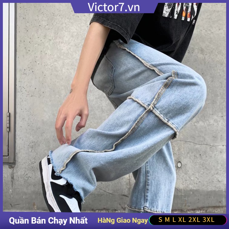 Quần jean dài in họa tiết kẻ sọc ống rộng phong cách thời trang Hàn Quốc đơn giản cho nam