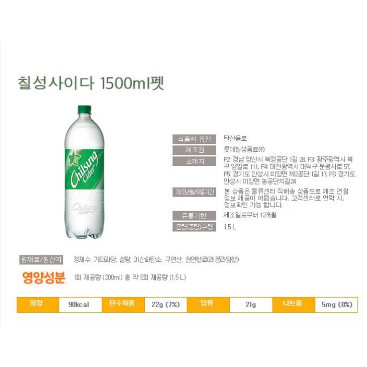 [LOTTE] NƯỚC SODA CHILSUNG CIDER CHANH 1.5L - [롯데] 칠성사이다 1.5L