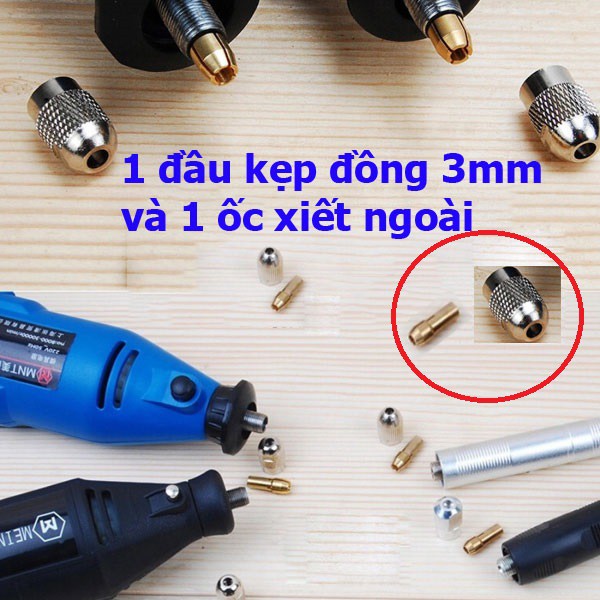 1 đầu đồng kẹp mũi khoan 3.0mm và 1 ốc vặn bên ngoài