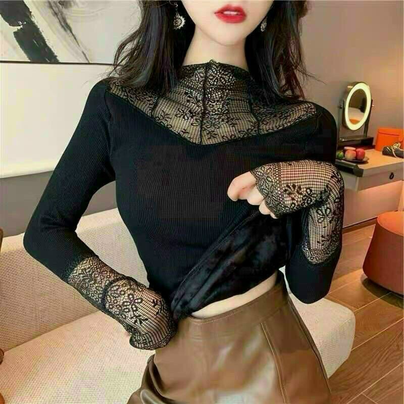 Áo giữ nhiệt nữ Lót Lông Phối Cổ Ren