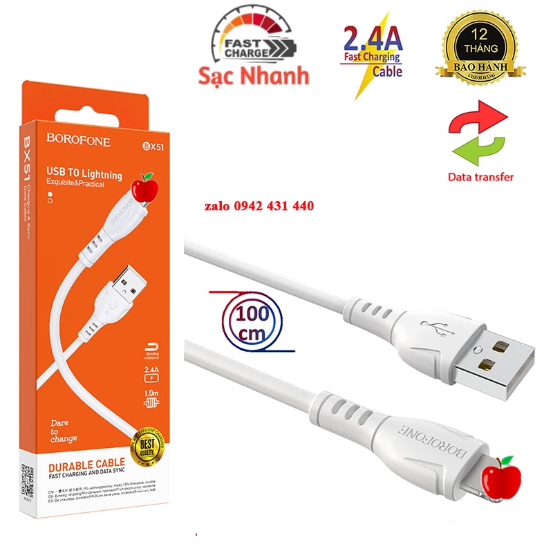 Cáp Dây Sạc Nhanh IP 2.4A Dài 1M BX51 Bảo Hành 1 Năm