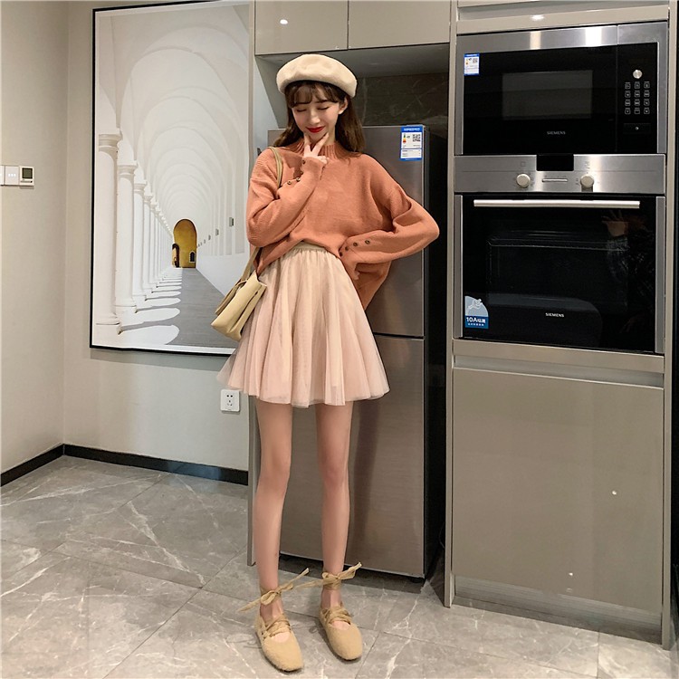 Xiaozhainv Chân Váy Chữ A Lưng Cao Màu Trơn Phối Lưới Phong Cách | BigBuy360 - bigbuy360.vn