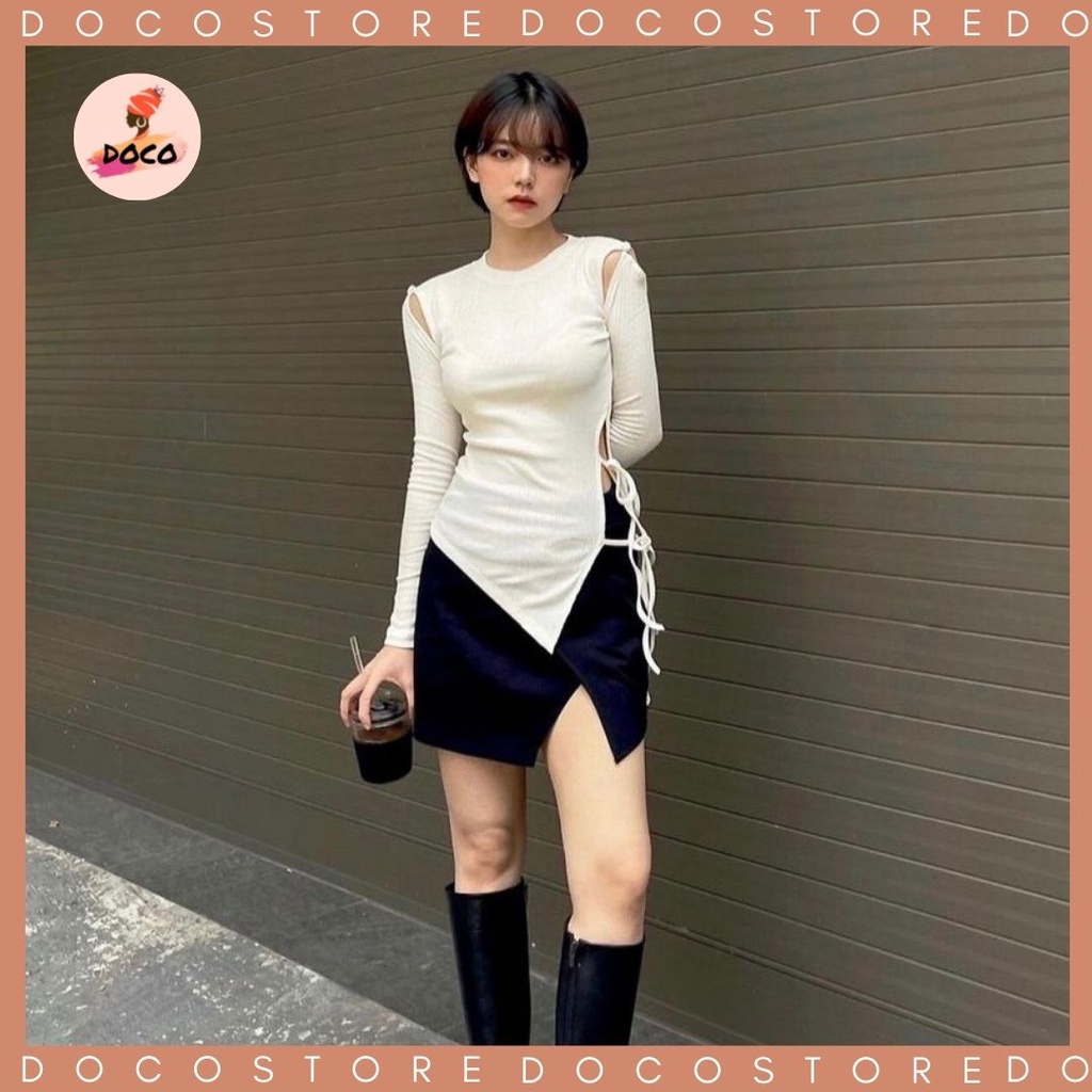 Áo Thun Bo Gân Buộc Dây Hông Lệch Chéo Dài Tay - Áo Ôm Body Mùa Hè ( HÌNH RÕ NÉT Ở CUỐI)