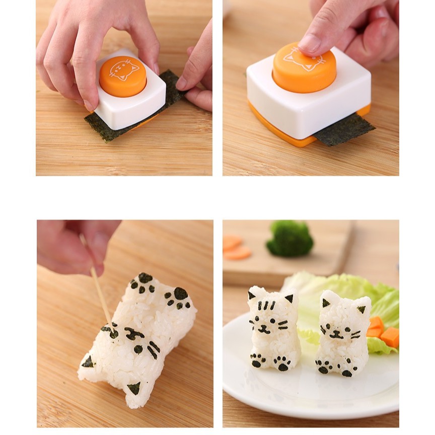 Bộ khuôn ép cơm bento mèo chibi kèm máy dập rong biển