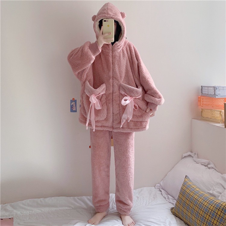 Bộ ngủ lông gấu giữ nhiệt mùa đông túi thắt nơ dễ thương,bộ đồ mặc nhà nhung bông mềm mịn 2 màu hồng tím_ TONGKHOQUANAON | BigBuy360 - bigbuy360.vn