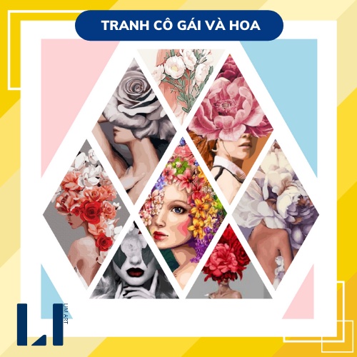 Tranh sơn dầu số hoá có khung LIM Art -Tranh tô màu theo số cô gái và hoa