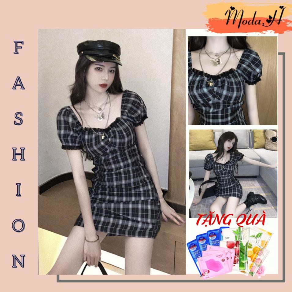 Váy Nữ Ôm Body Kẻ Sọc, Đầm Nữ Tay Bồng Kẻ Caro Moda.H !