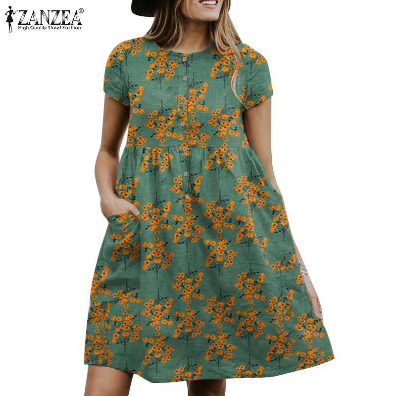 ZANZEA Đầm Tay Ngắn Cổ Tròn In Họa Tiết Hoa Phong Cách Bohemian Cổ Điển Thời Trang