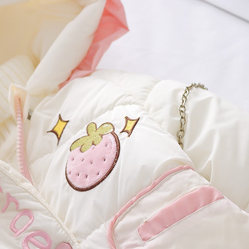 Áo Khoác cotton Dày Dặn Màu Trơn Họa Tiết Dâu Tây Dễ Thương Phong Cách Hàn Quốc Cho Bé Gái ^ o ^