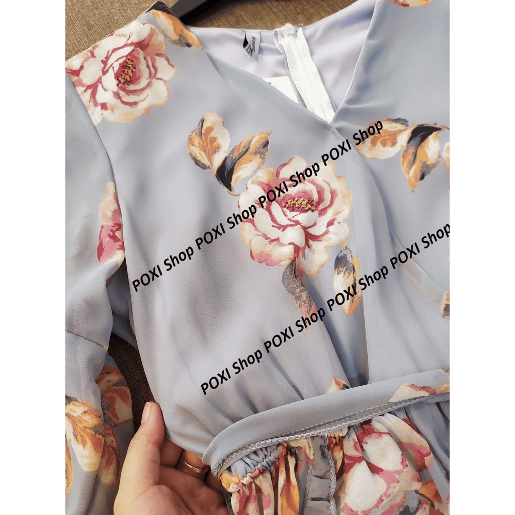 Jumpsuit Hoa Tay Lỡ Cổ V (Xanh)