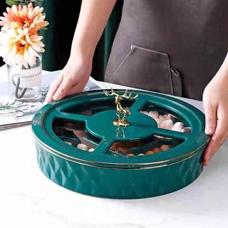 Khay mứt tết 5 ngăn sứ xanh cổ vịt nắp hươu mạ vàng sang trọng khay đựng mứt đẹp