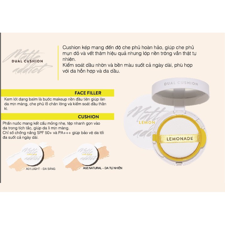 [Mã FMCGMALL giảm 8% đơn từ 250K] Combo 2 phấn nước kiềm dầu Lemonade Matte Addict Dual Cushion 16gx2