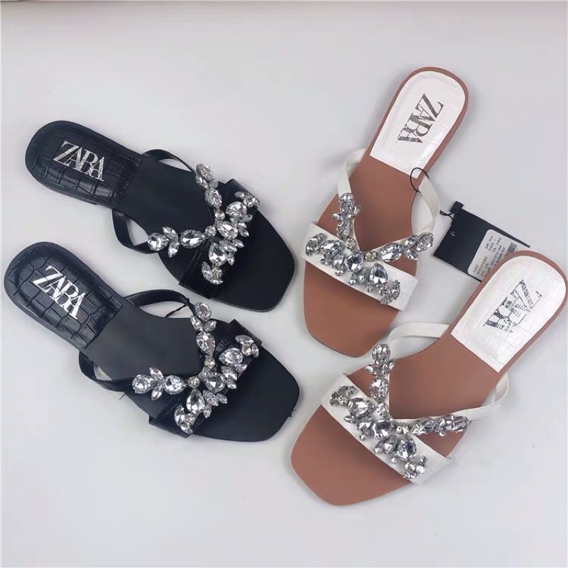 Dép lê bệt quai vân da đính đá ZR xuất Full box MS-4241