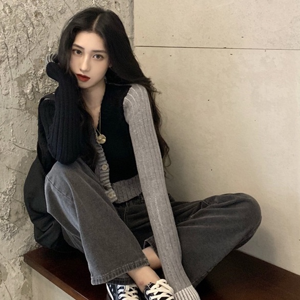 Áo cardigan IHKKE dệt kim cổ chữ V màu sắc tương phản thời trang