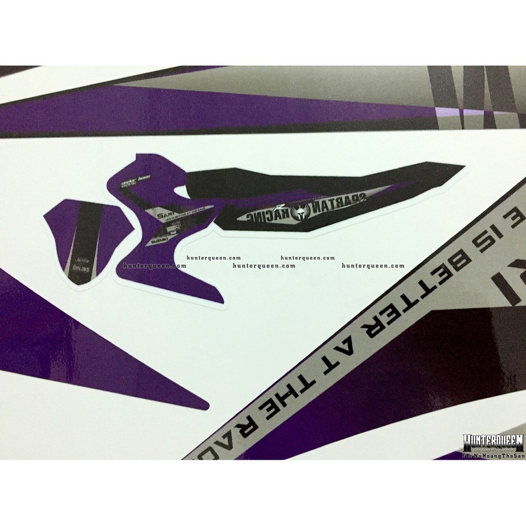 Tem rời Raider xăng cơ, Sparktan tím đen. Decal dán xe tím, bụng phía sau màu đen