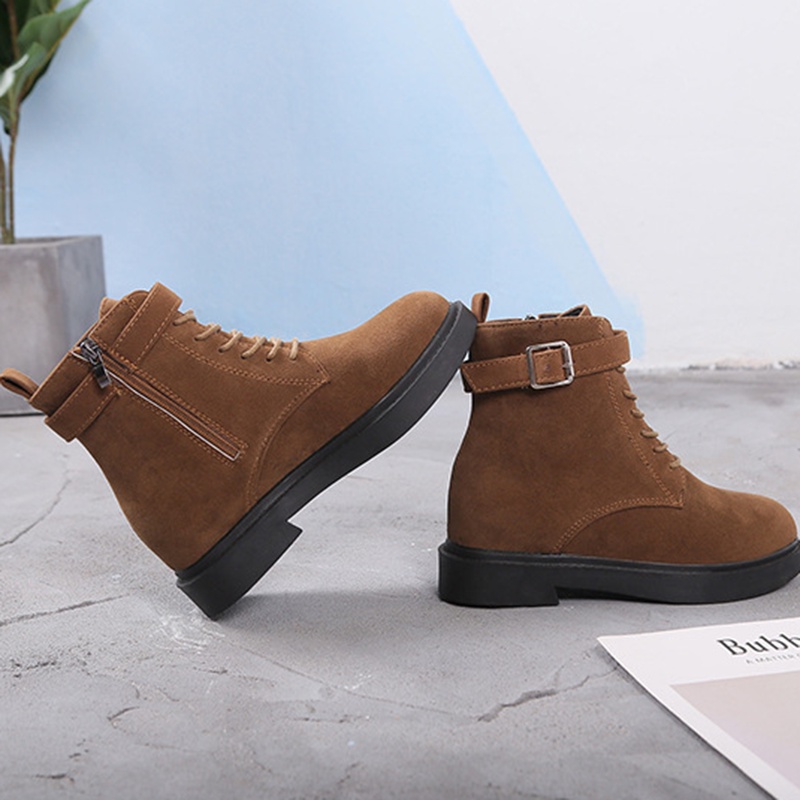 Giày boot IELGY ống da lộn có dây buộc khóa gài đế bằng phong cách Hàn Quốc thời trang cho nữ