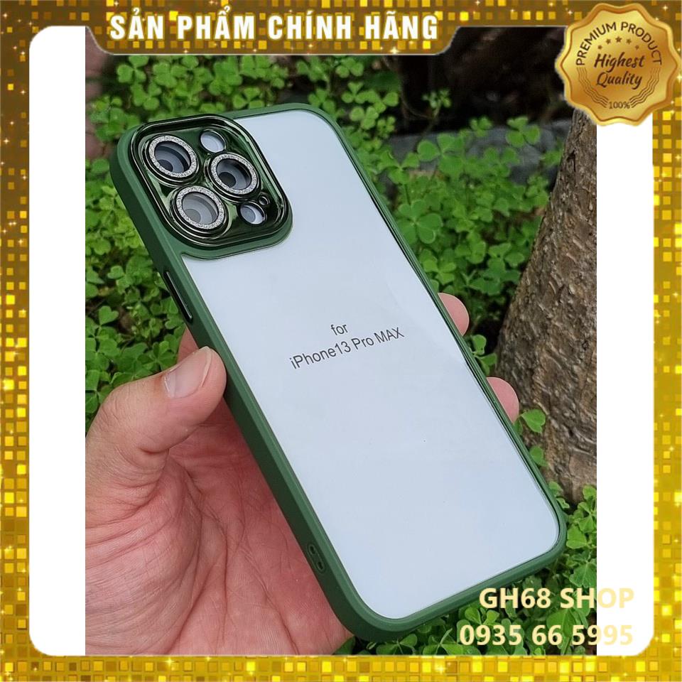 Ốp lưng Miruyi kính trong viền màu bảo vệ camera gắn đá nhũ cho iPhone 13 / 13 Pro / 13 Pro Max siêu đẹp sang trọng