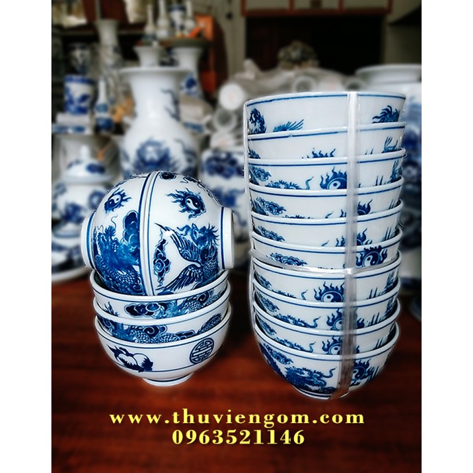 Bát tô thờ cúng rồng phượng men lam chuẩn Bát Tràng