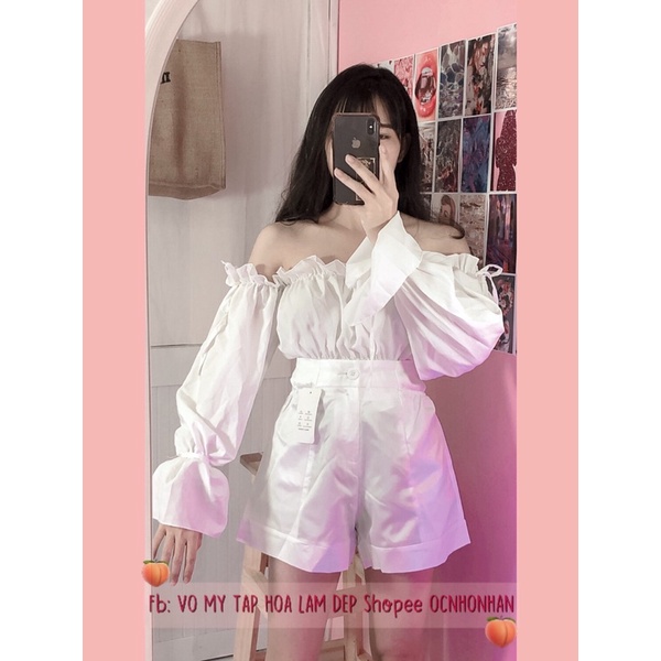 Set áo bẹt vai tay cột nơ + quần short