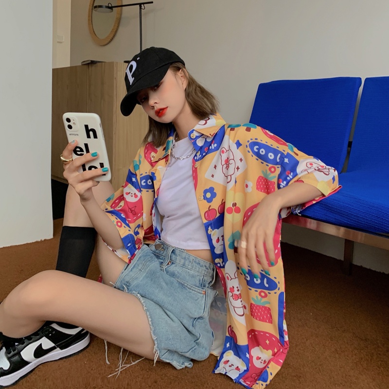 Áo Sơ Mi Tay Ngắn Dáng Rộng In Họa Tiết Dễ Thương Thời Trang Mùa Hè Cho Nữ