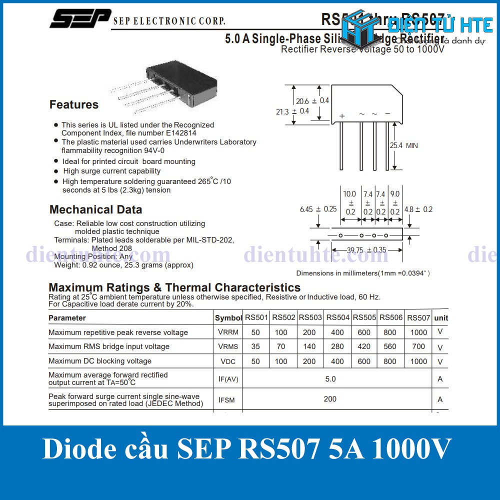 Diode cầu SEP RS507 5A 1000V