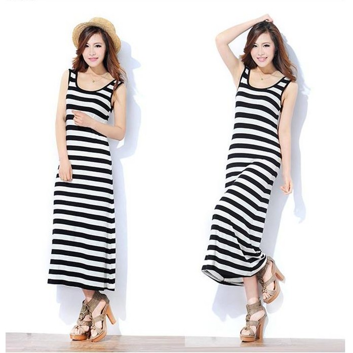 Đầm Maxi sọc trắng đen thun cotton