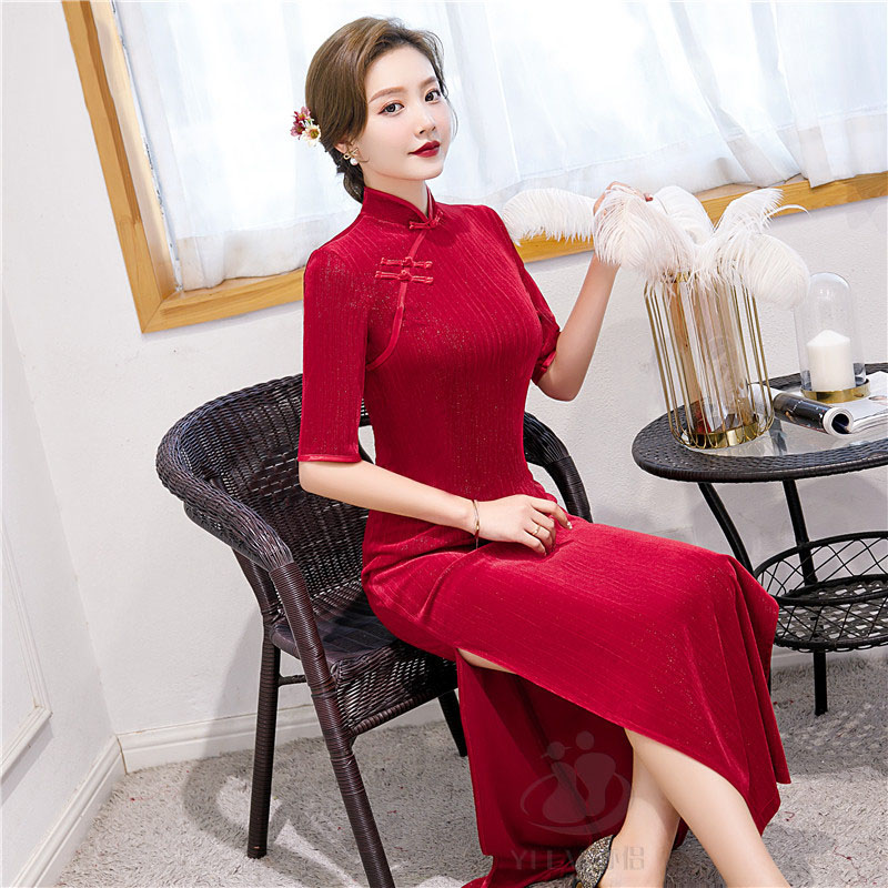 NATIONAL PLUS Đầm Sườn Xám Nhung Tay Lửng Thời Trang Dành Cho Nữ Size S-6Xl