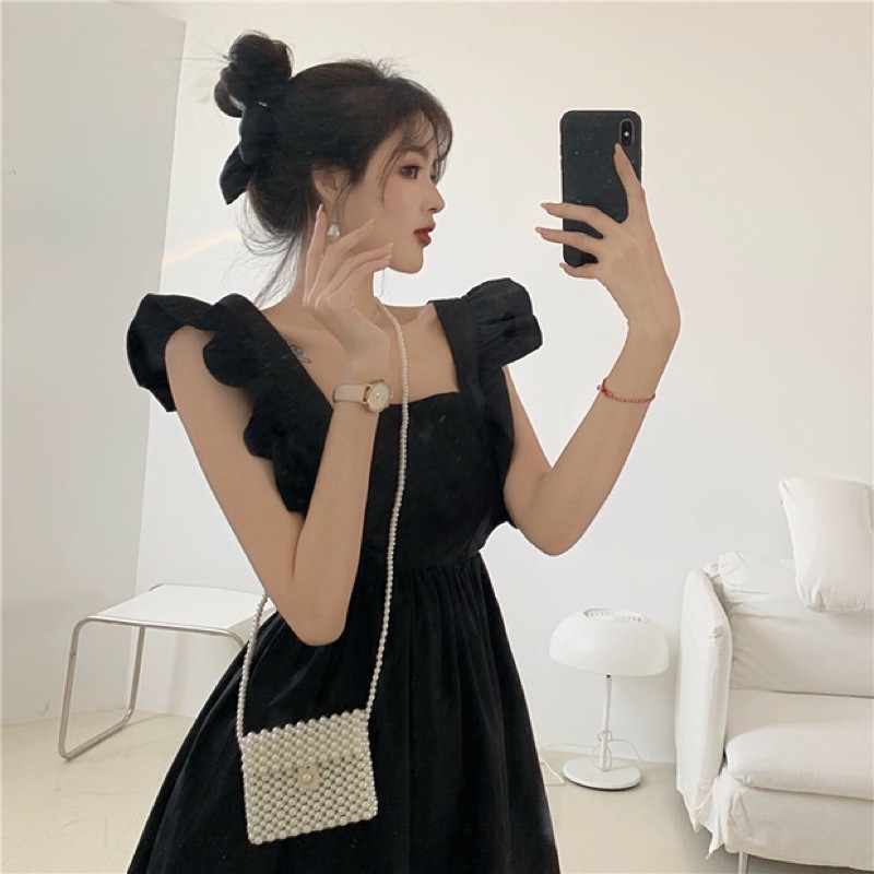 Đầm babydoll đen dáng dài thắt nơ sau lưng xinh xắn phong cách ulzzang