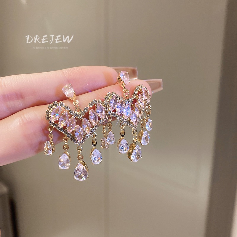 Khuyên tai DREJEW 1 tua rua dáng dài bằng bạc đính đá zircon sang trọng