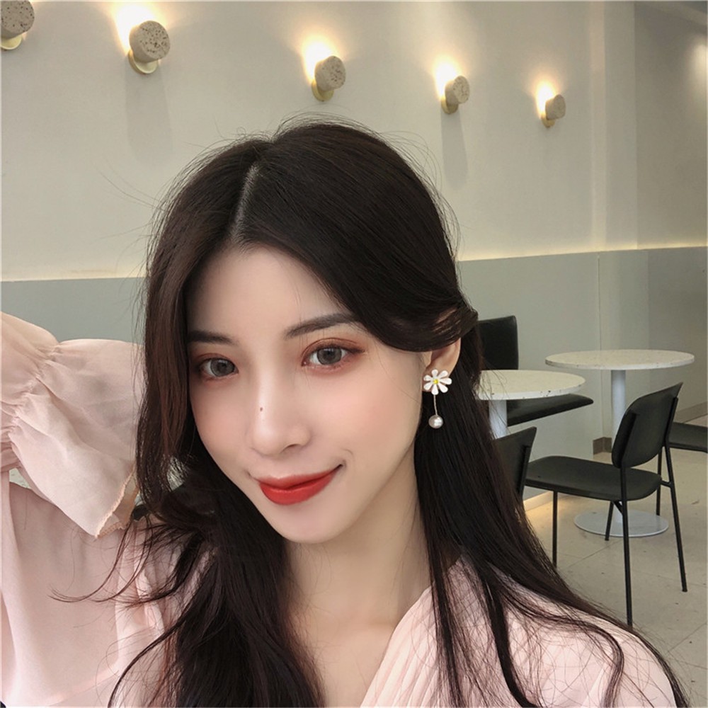 SUN FLOWER Hoa Tai Dáng Dài Hình Hoa Cúc Đính Ngọc Trai Nhân Tạo Thời Trang