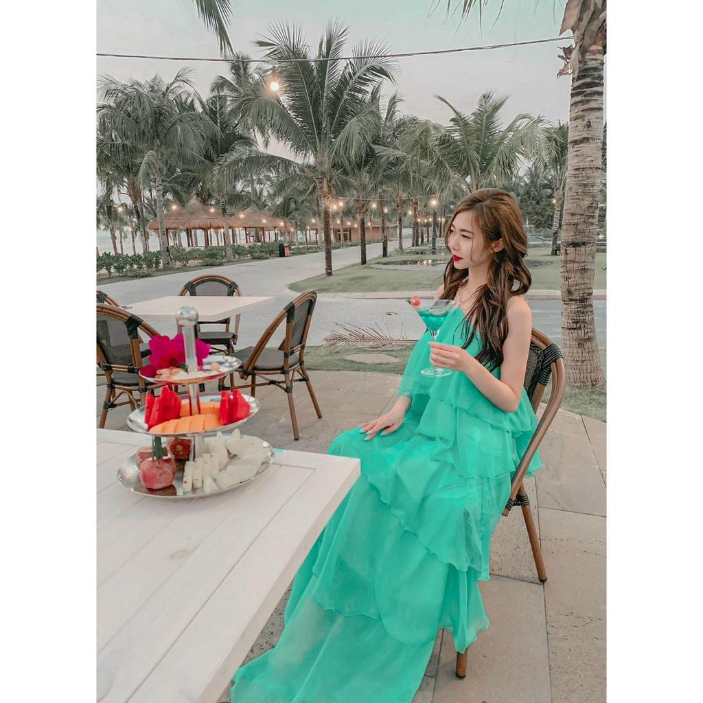 Maxi Cổ Xích Đầm trễ vai 5 Tầng - Váy xòe đi biển chất voan 2 lớp phong cách hàn quốc.