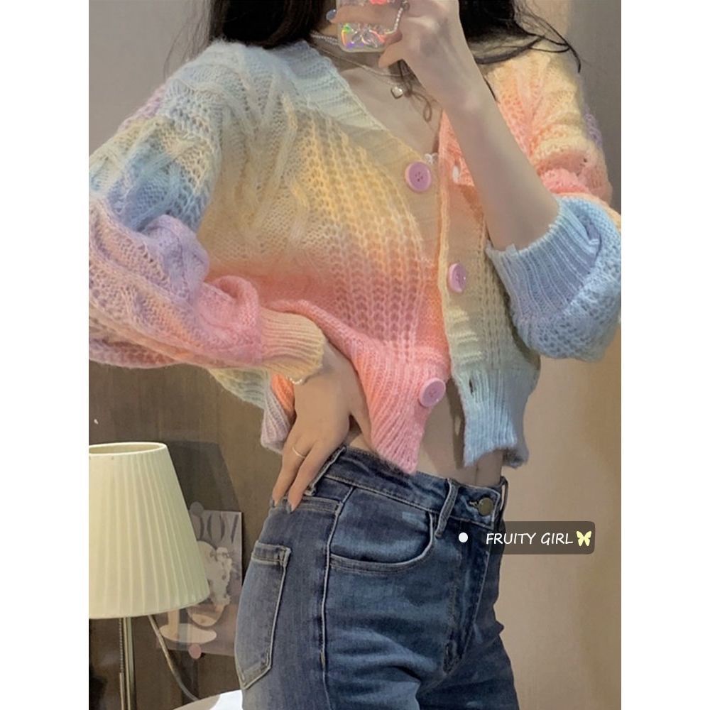 Jiashucheng Áo Khoác Cardigan Dệt Kim Ngắn Cổ Chữ V Màu Sắc Cầu Vồng Gradient Phong Cách Mới Dành Cho Nữ