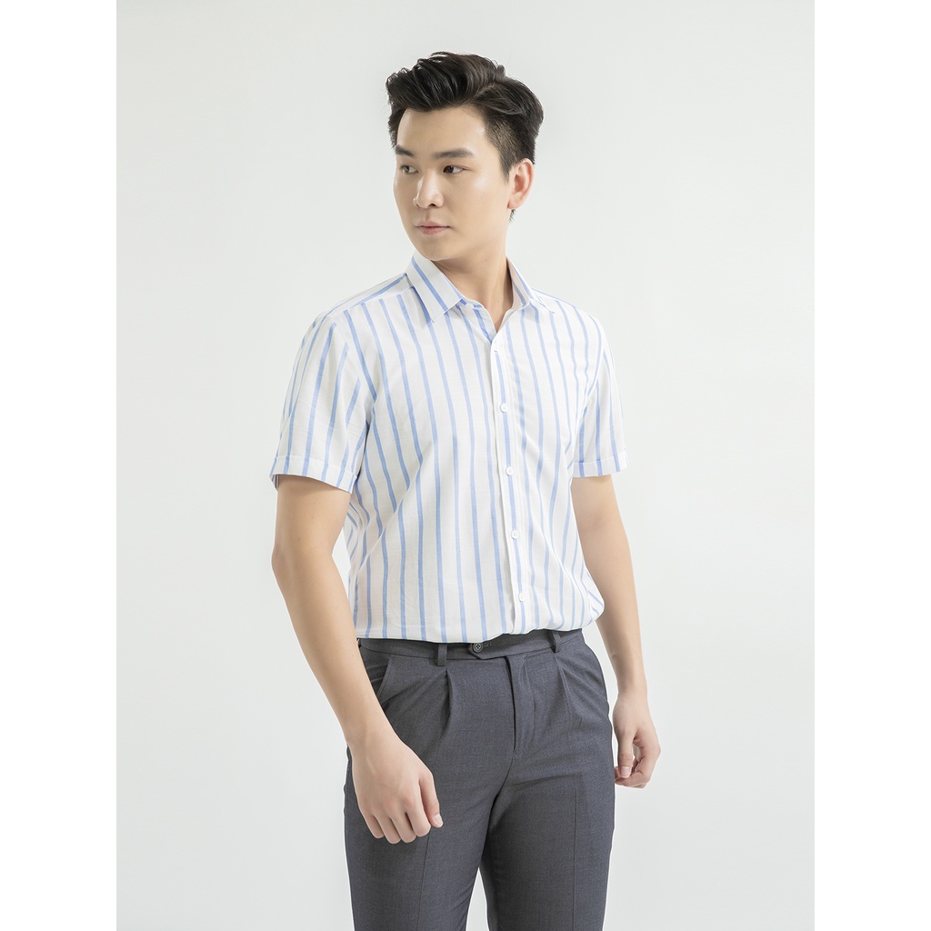 Áo sơ mi nam ngắn tay ARISTINO phom Slim fit, thiết kế tà lượn, họa tiết kẻ xanh trẻ trung, thanh lịch - ASS022S1