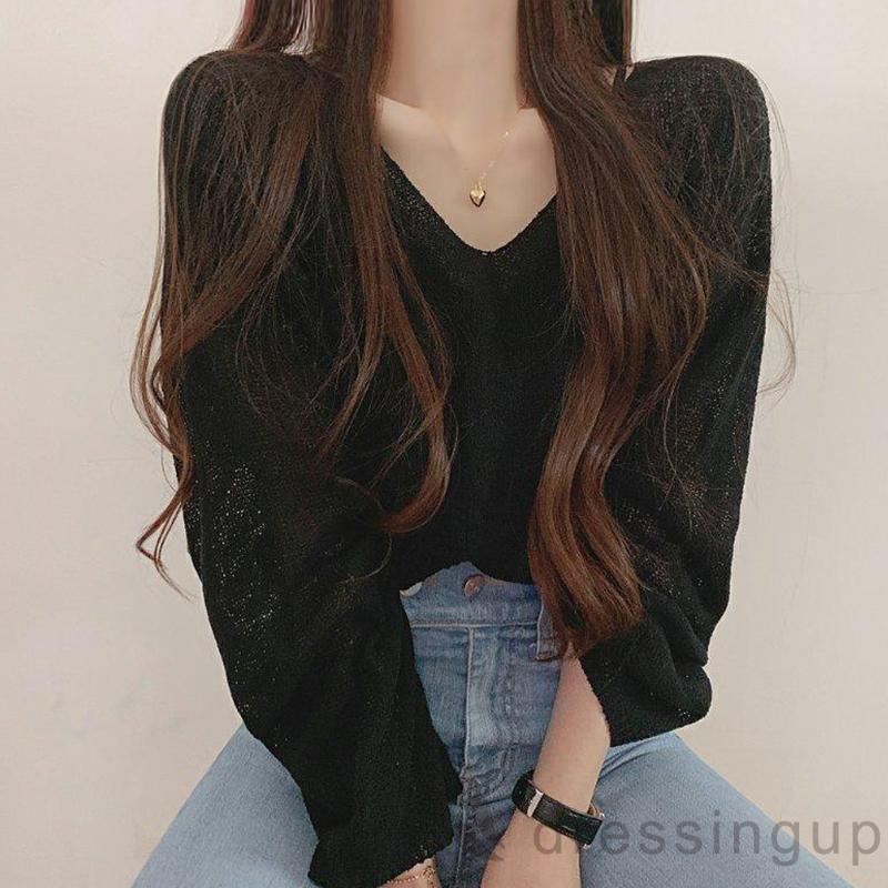 DRE-Female Loose Tops, Solid Color V-Neck Long Sleeve Tie-Up Knitted Blouse Pullover for Spring Summer, White/Black