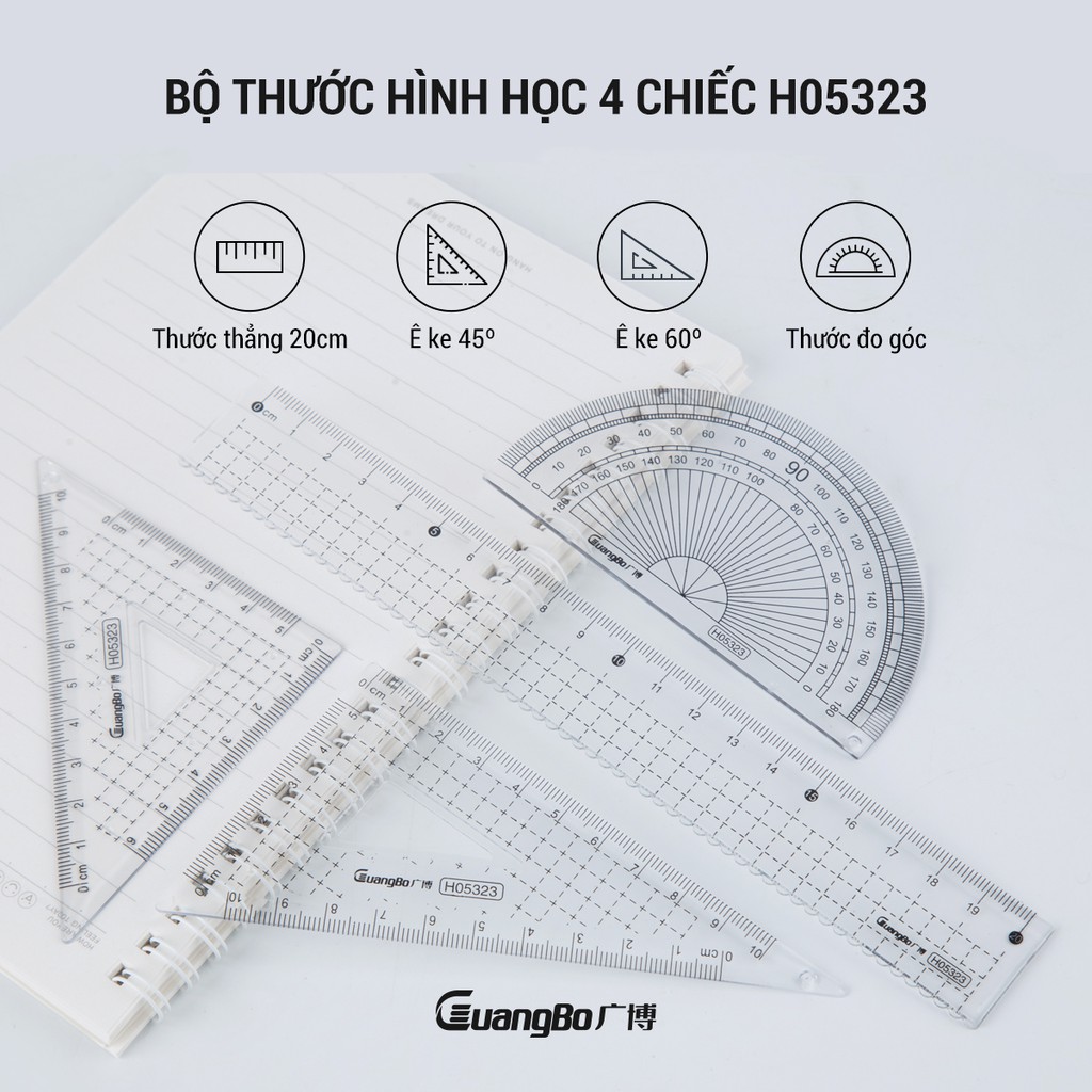 [Mã LIFEB04ALL giảm 10% tối đa 15K đơn 0Đ] Bộ thước kẻ 4 chi tiết 20cm GuangBo H05323