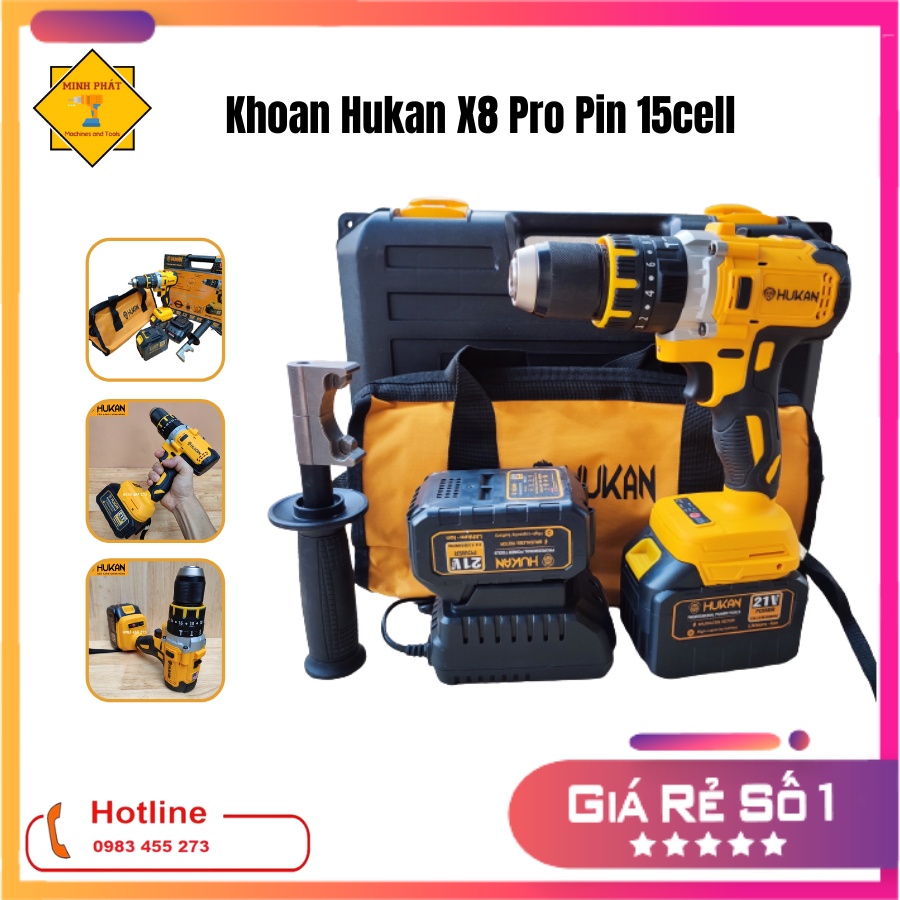 Máy khoan pin Hukan X8 Pro 3 chức năng động cơ không chổi than, pin 15cell