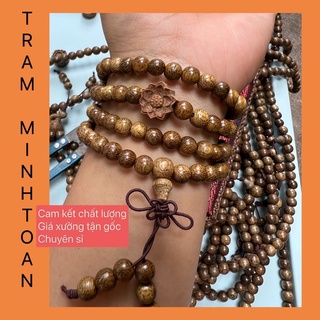 Vòng chuỗi trầm hương 6li 108 hạt mix hoa sen quấn tay. hàng loại đẹp nhìn thấy tia trầm già