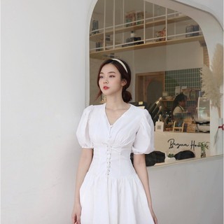 Váy tay bồng cổ V đan bụng 2 màu