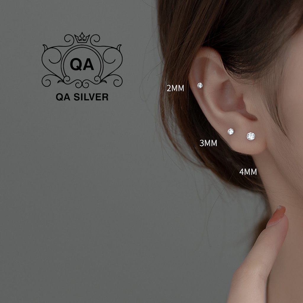 Khuyên tai nụ bạc 925 đính đá 4 chấu bông bạc trơn tối giản đen trắng S925 BASIC Silver Earrings QA SILVER EA170801