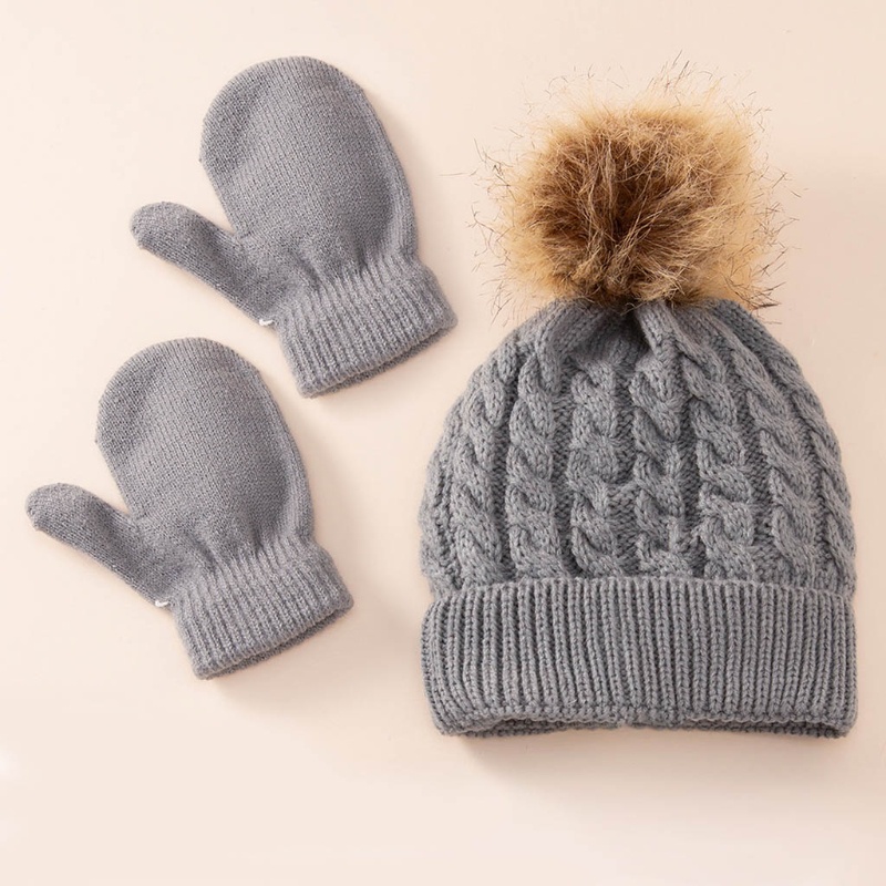 Set Mũ Len Beanie Phối Găng Tay Lông Màu Trơn Giữ Ấm Mùa Đông Cho Bé