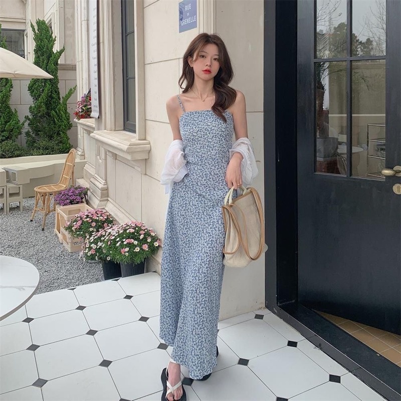 Đầm Lửng Hai Dây In Họa Tiết Hoa Phong Cách Cổ Điển Dành Cho Nữ