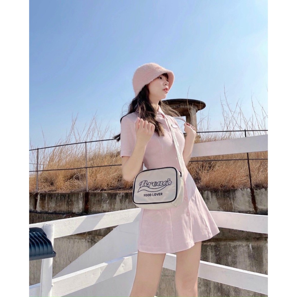 Đầm thun cổ polo ôm xòe thêu logo tay ngắn hồng, xanh dương thun gân | BigBuy360 - bigbuy360.vn