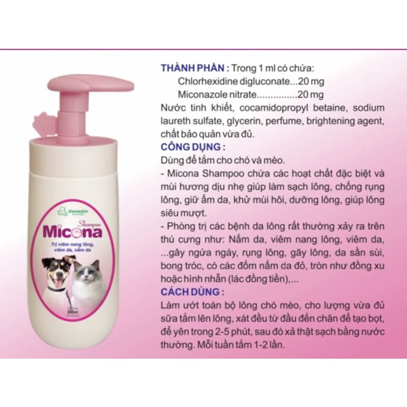Sữa Tắm MICONA SHAMPOO Đặc Trị Viêm Nang Lông Viêm Da Nấm Da Cho Chó mèo Vemedim 200ml