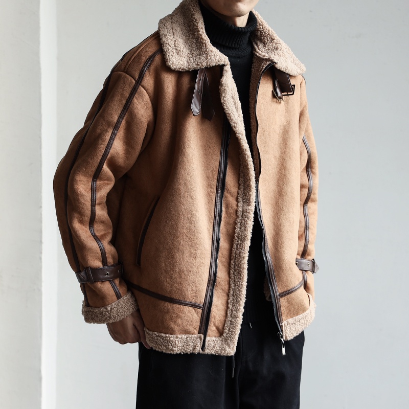 Sẵn Xanh 2XL Áo khoác nam da lộn, lót lông cừu bên trong ấm áp OMIEE AKL01